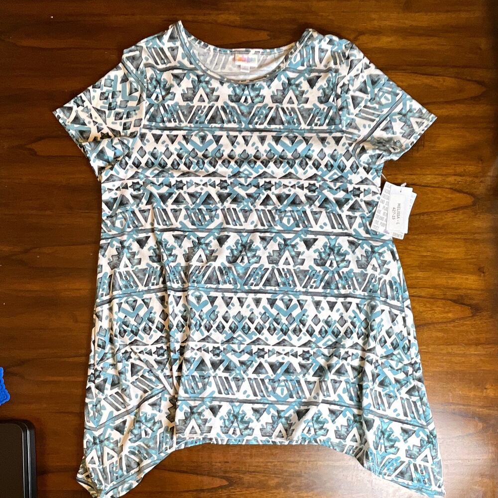 LuLaRoe Womens Tunic Top Size L Blue White Gray Geometric Aztec Stretch Knit